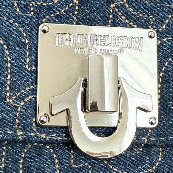 TRUE RELIGION Denim Quilted Horseshoe Wide Strap Coin Purse Flap Crossbody Bag - Picture 15 of 16